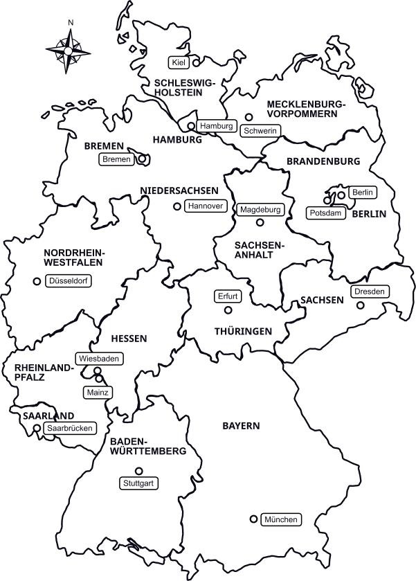 Karte von Deutschland mit allen Bundesländern und Hauptstädten